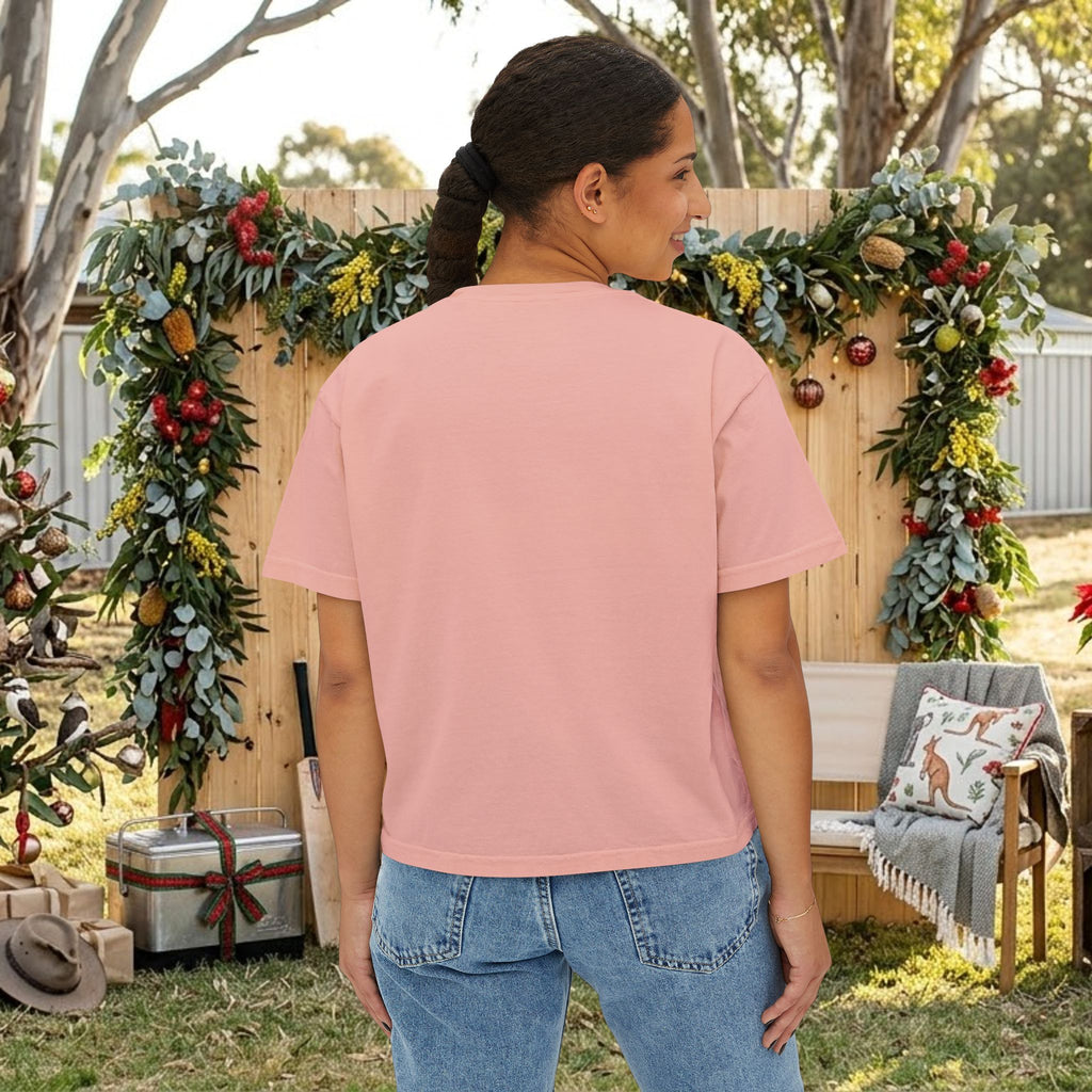 Pink holiday t-shirt with Santa-hat kookaburra graphic and 'Merry Christmas' text