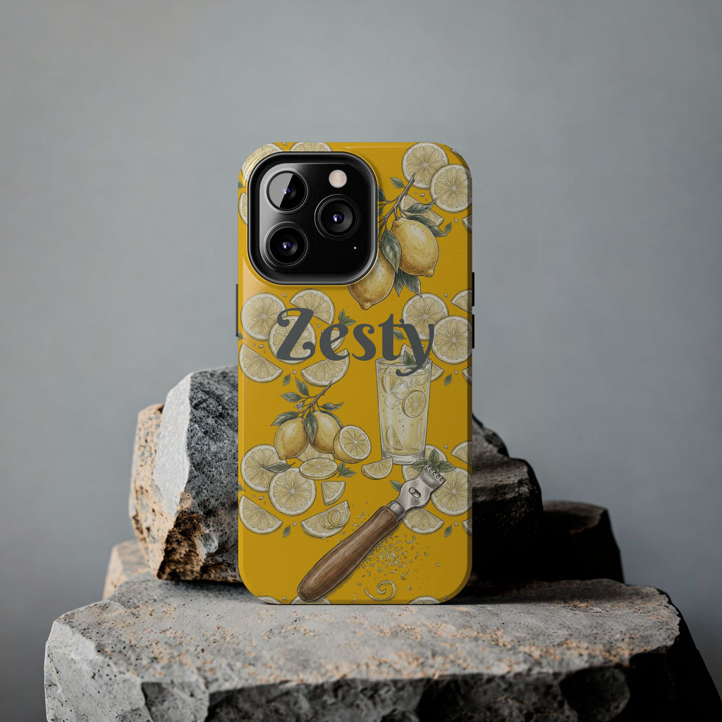 Yellow tough phone case with citrus illustration; raised camera cutout.