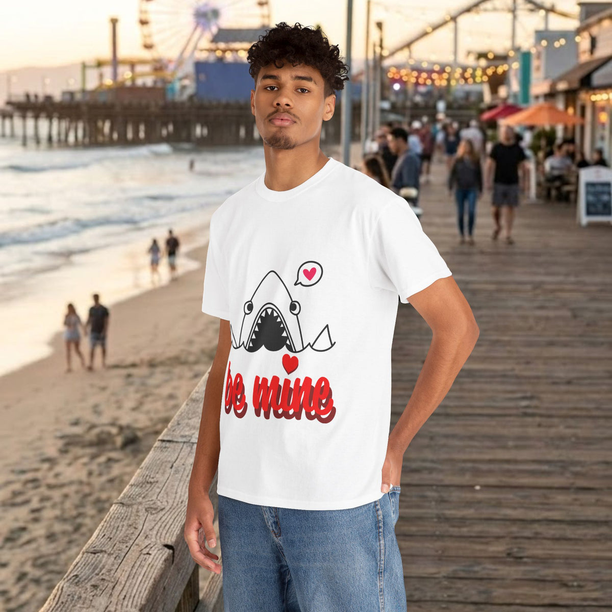 White crew-neck T-shirt with centered shark graphic, hearts, and red "be mine" text