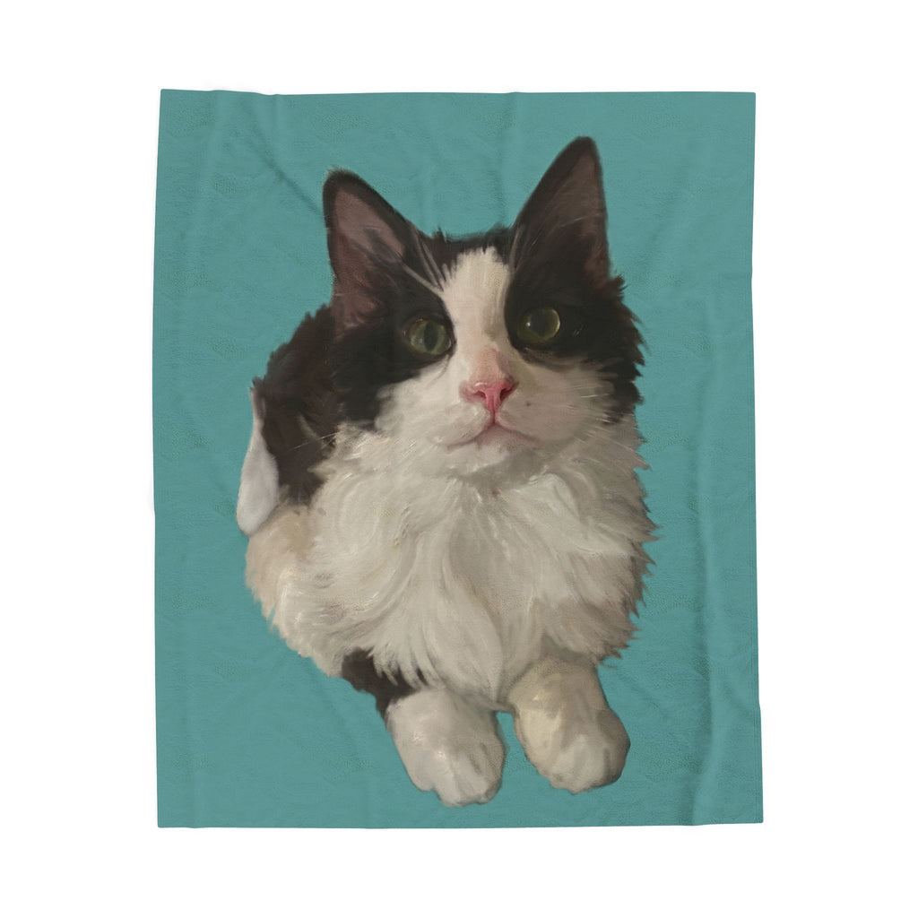 Personalized pet photo blanket with black-and-white cat portrait on teal velvety plush