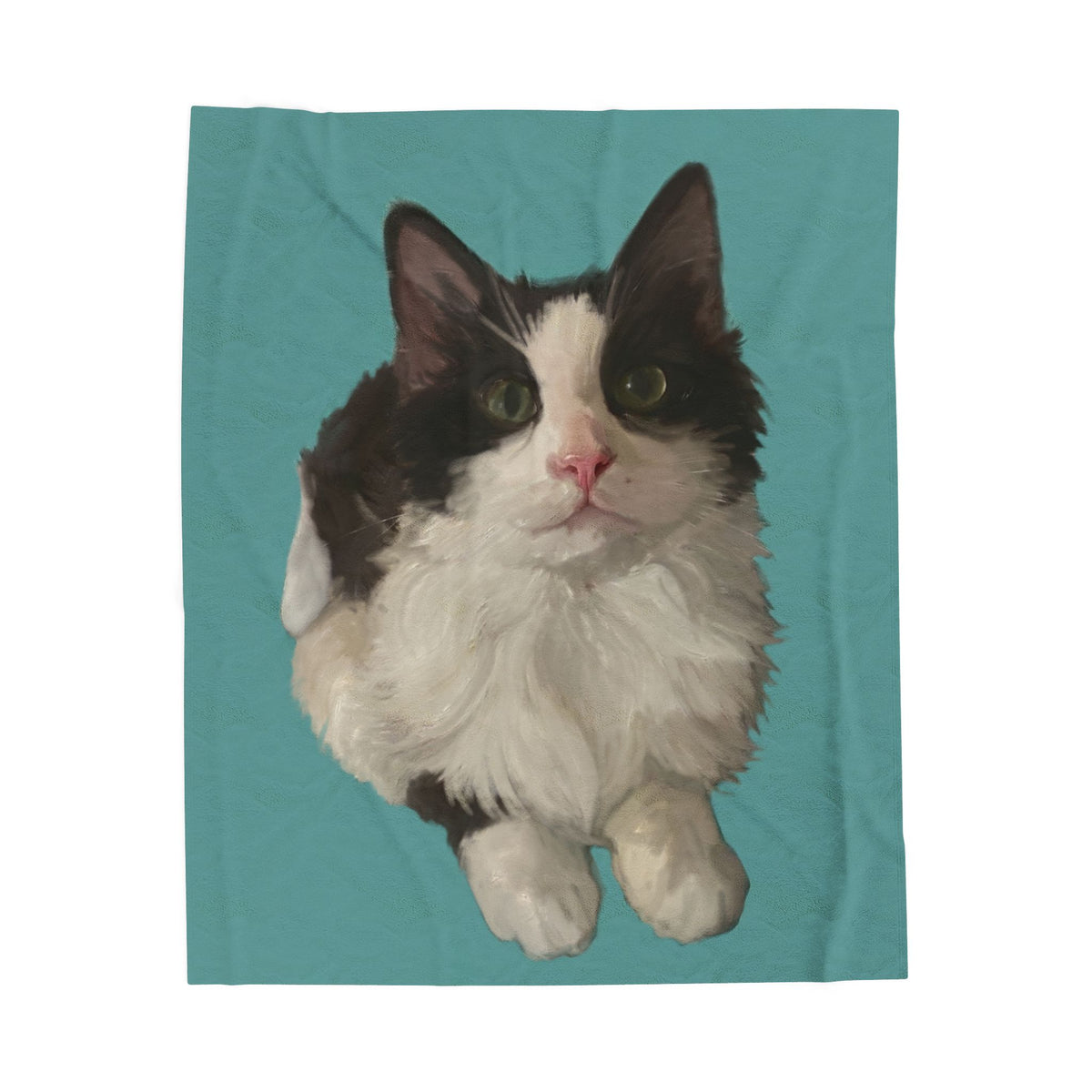 Personalized pet photo blanket with black-and-white cat portrait on teal velvety plush
