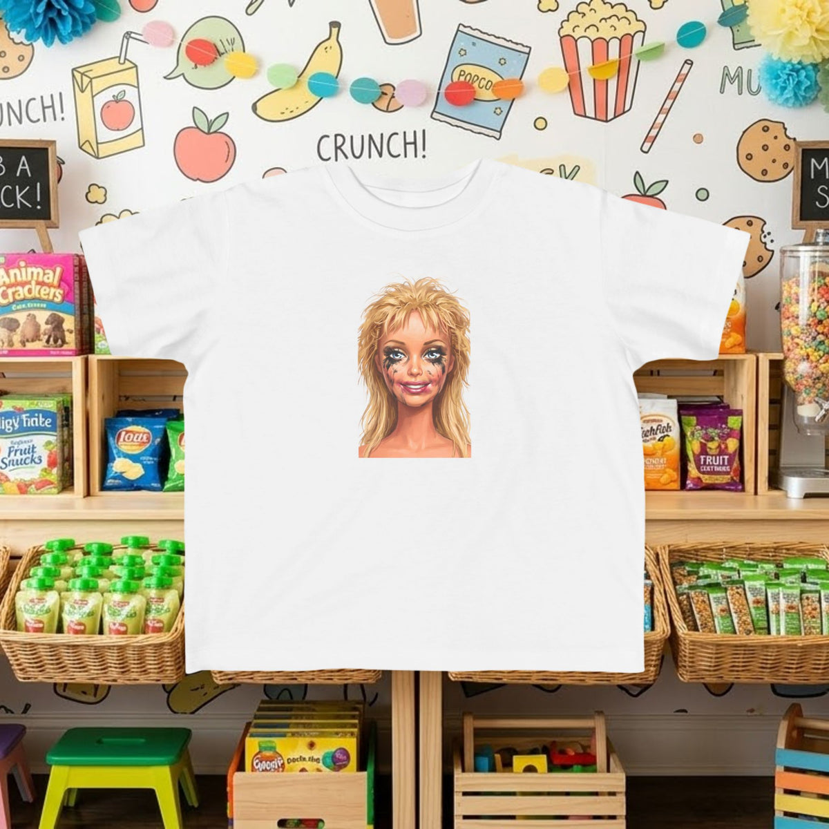 Toddler graphic T-shirt, white with smudged doll face portrait print