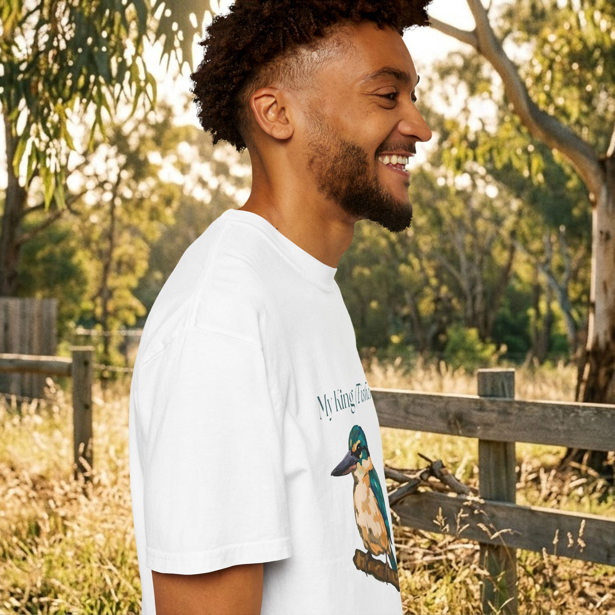 White kingfisher bird graphic T-shirt on model, short sleeves, crew neck