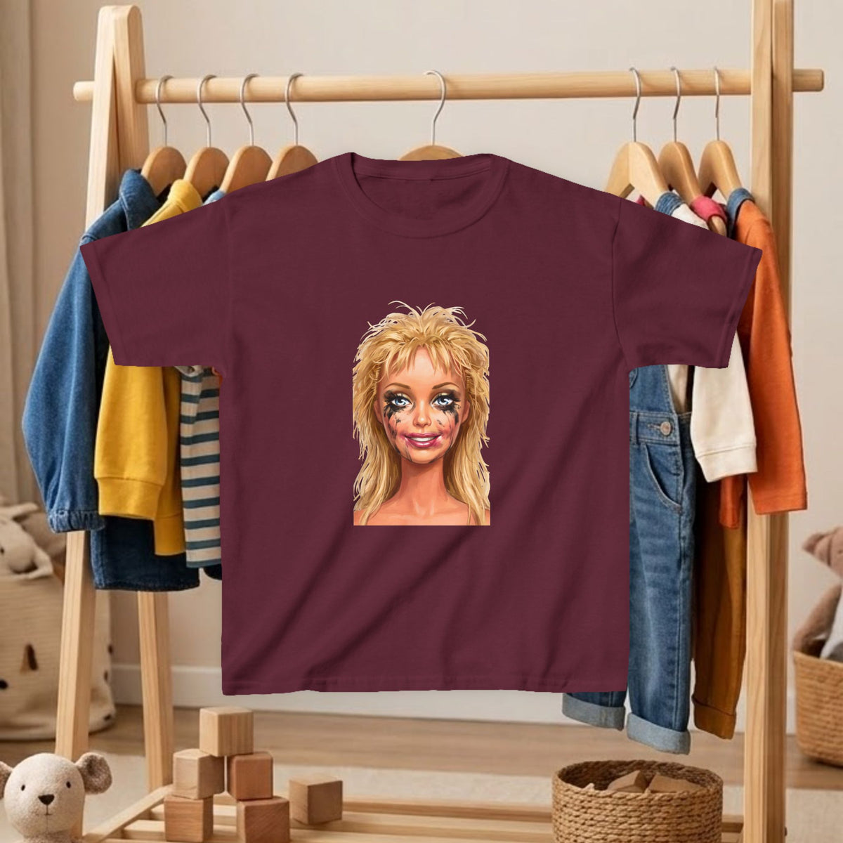 Kids' T-shirt in maroon with blonde doll portrait graphic on front