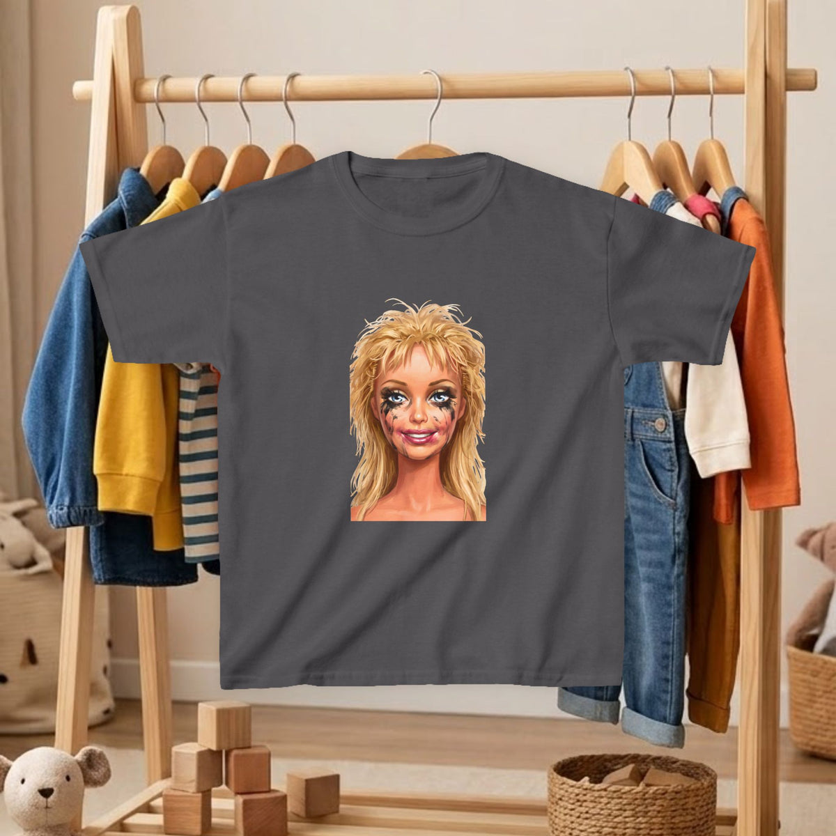 Charcoal kids T-shirt with blonde doll portrait graphic on front