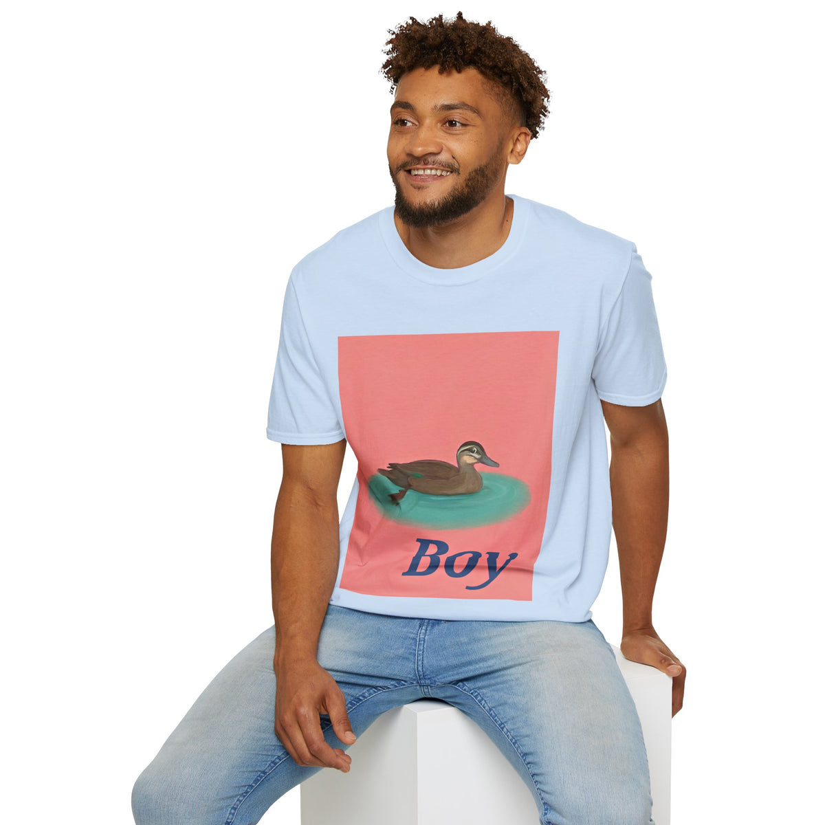 Light blue graphic T-shirt with duck image and "Boy" text on front