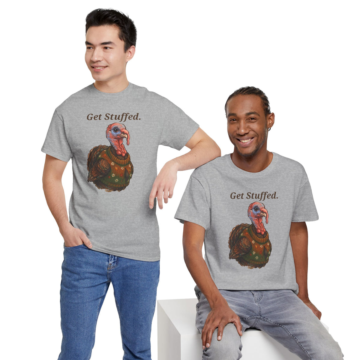 Heather gray Get Stuffed turkey graphic tee with “Get Stuffed.” front print