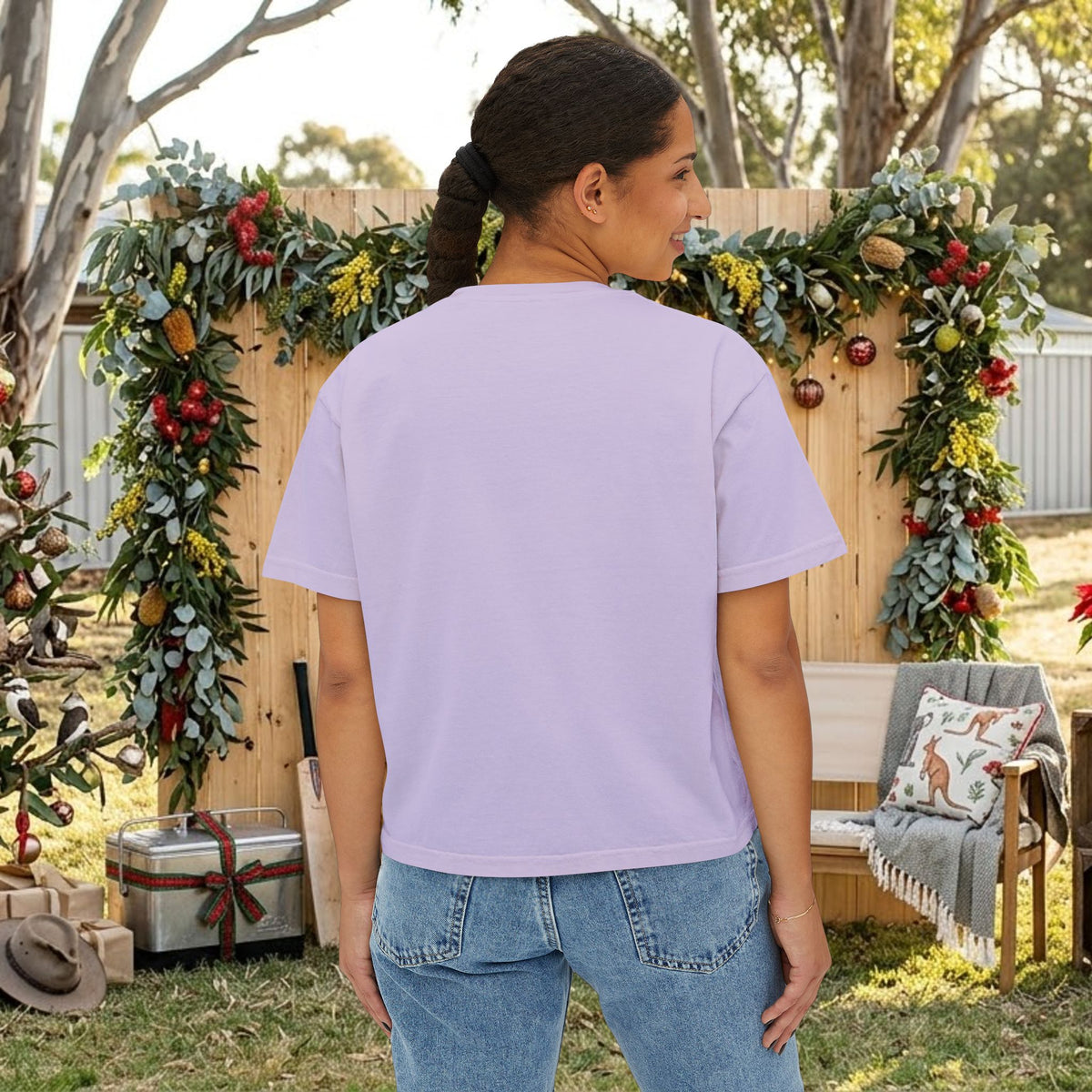 Lavender crewneck Christmas T-shirt, short sleeves, back view