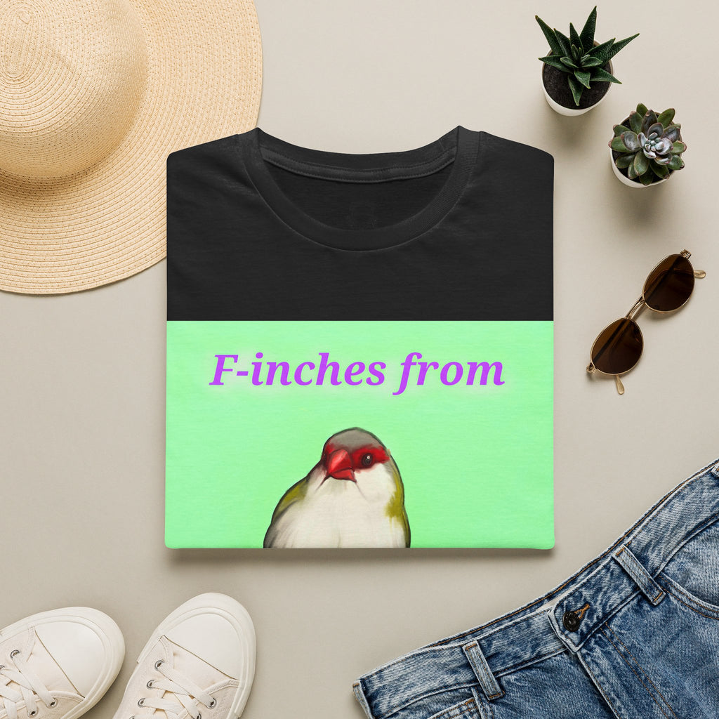 Black t-shirt with green graphic panel and cute bird illustration print