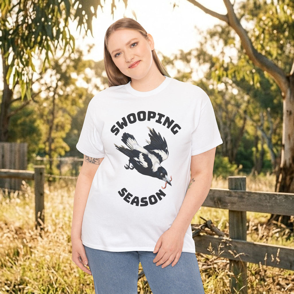 White bird graphic t-shirt with bold text and flying bird illustration on chest