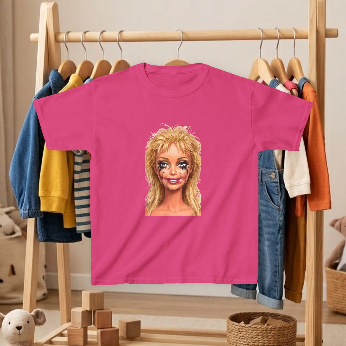 Hot pink kids T-shirt with blonde doll portrait illustration on front