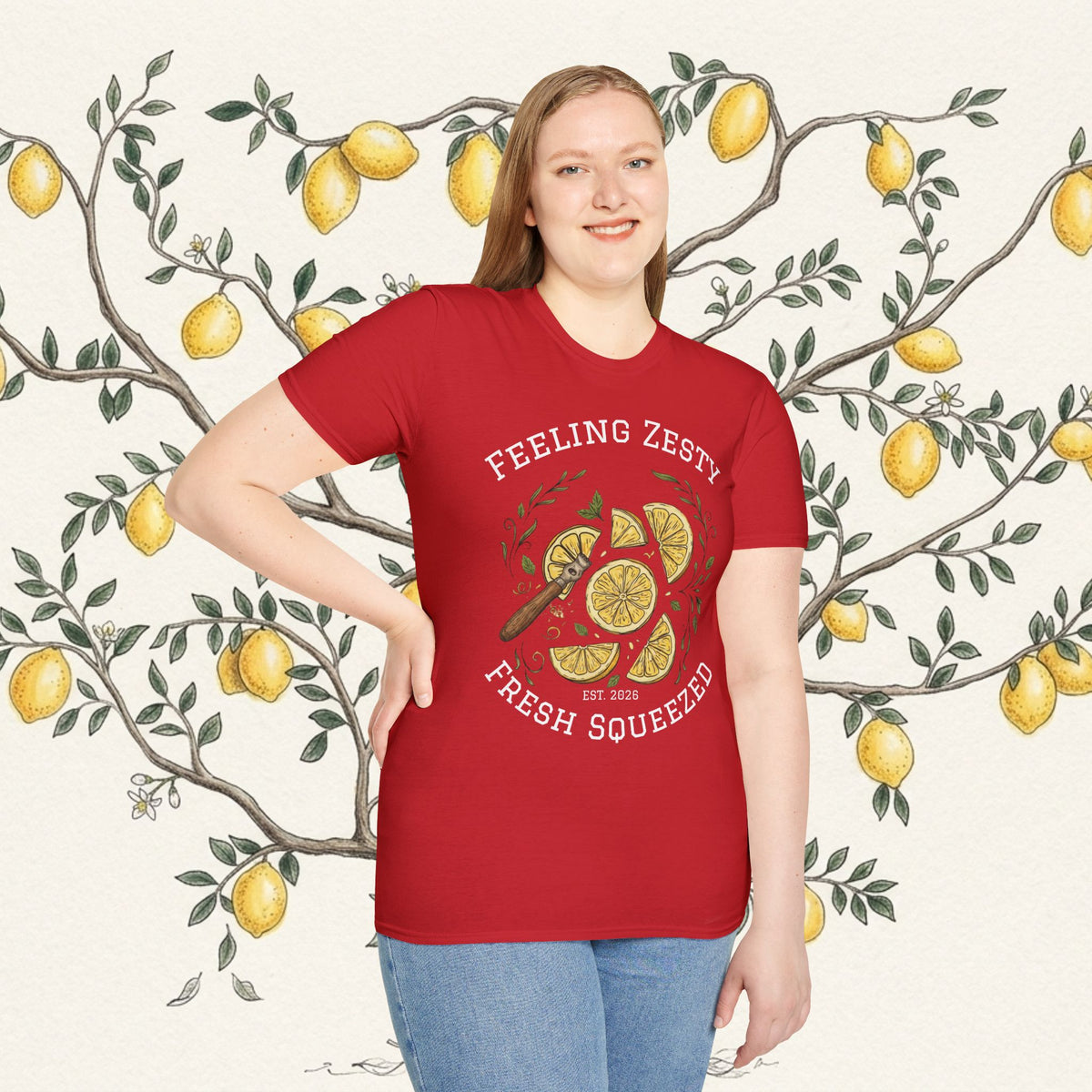 Red crewneck graphic t-shirt with lemon slice artwork, worn on model