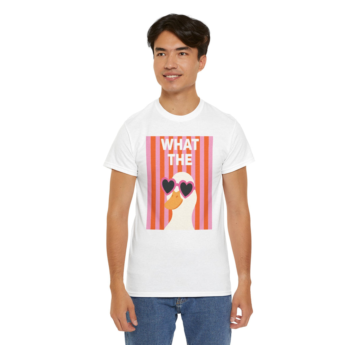 White graphic cotton tee, front view, "WHAT THE" heart sunglasses graphic
