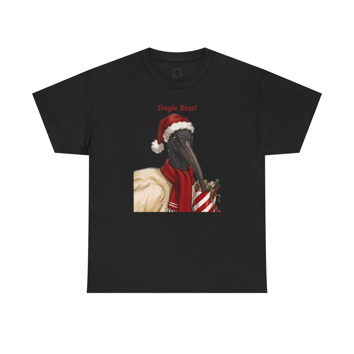 Black graphic T-shirt with ibis in Santa hat and “Jingle Bins!” front print.