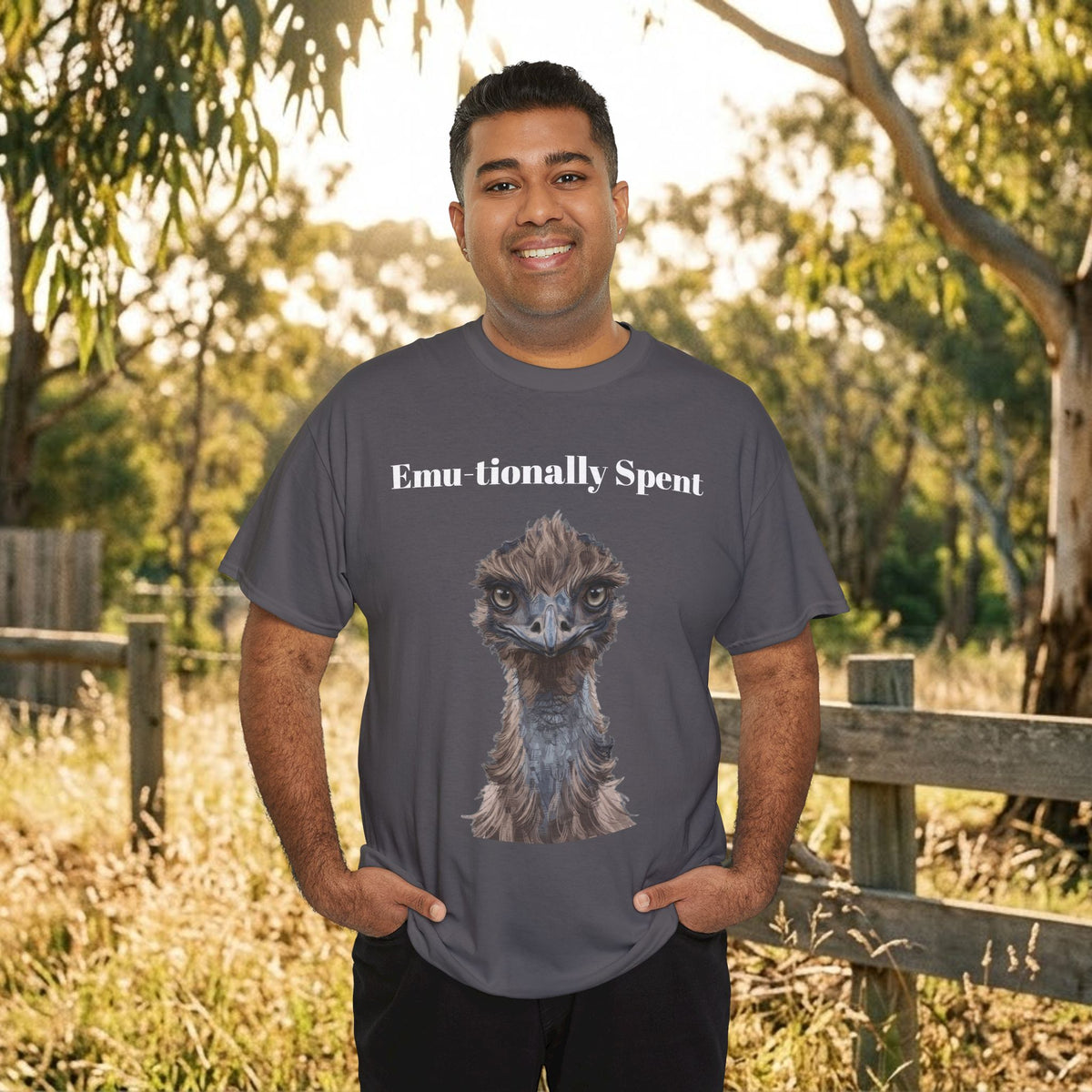 Dark grey emu-themed graphic t-shirt with slogan text and animal portrait on front