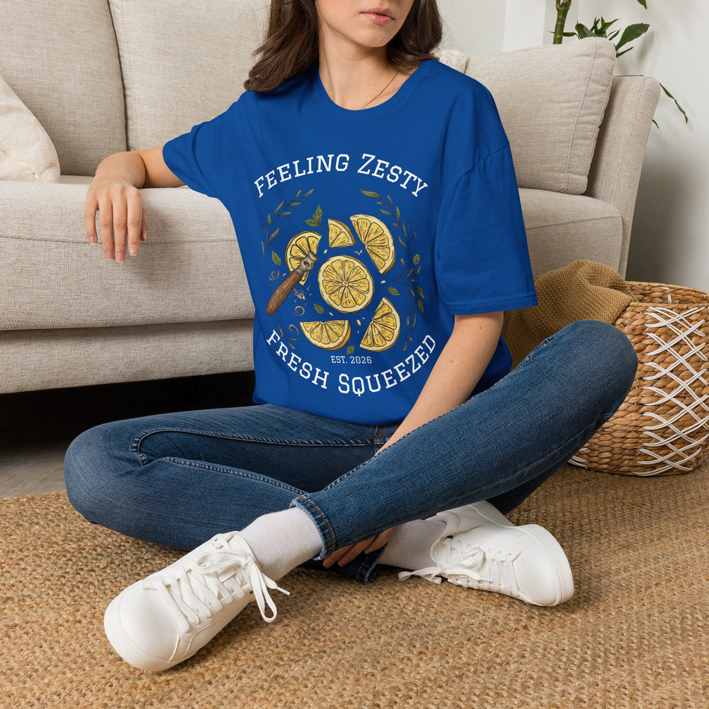 Blue crewneck t-shirt with “FEELING ZESTY” and “FRESH SQUEEZED”