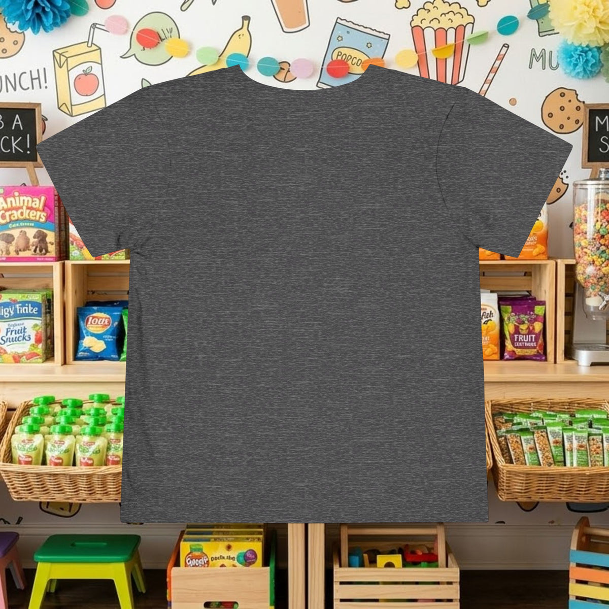 Dark gray toddler T-shirt back view, plain crew neck