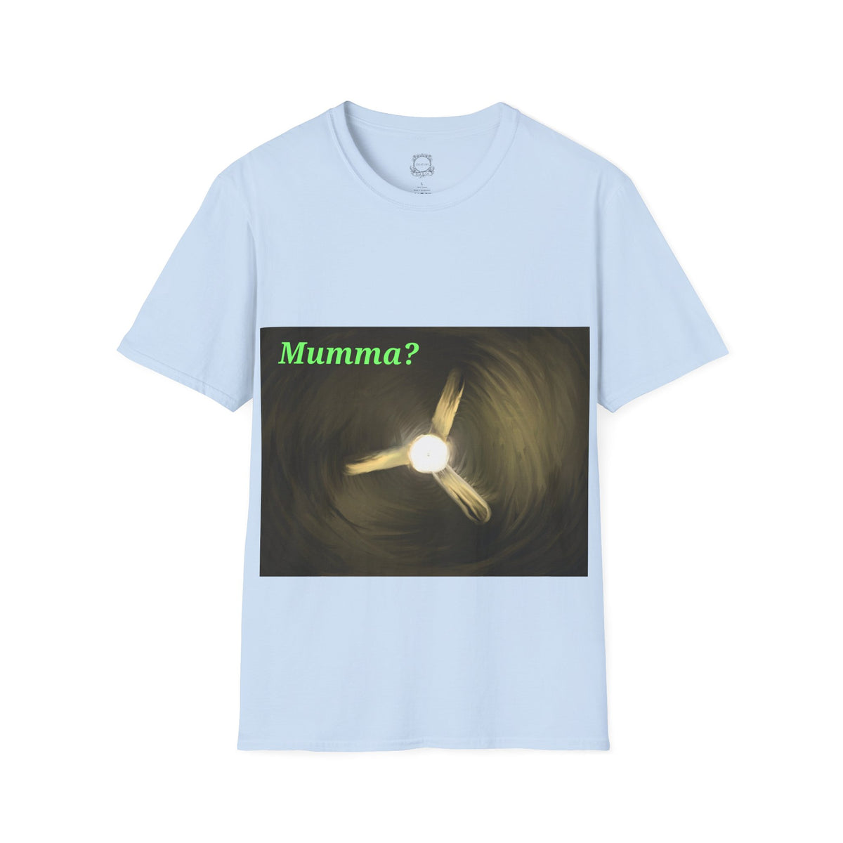 Light blue ceiling fan graphic T-shirt with green "Mumma?" text and glowing fan artwork