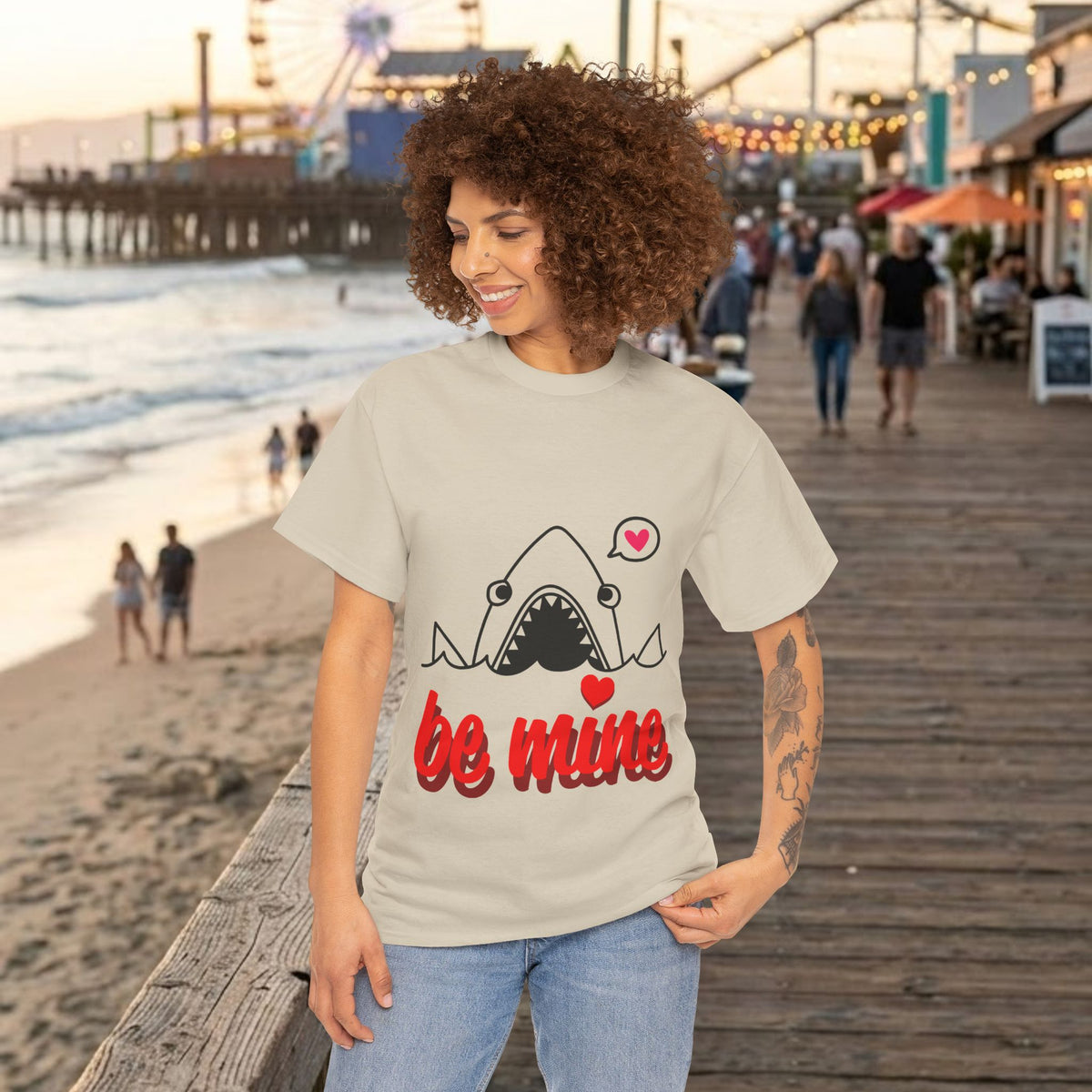 Sand T-shirt with shark graphic and red 'be mine' lettering
