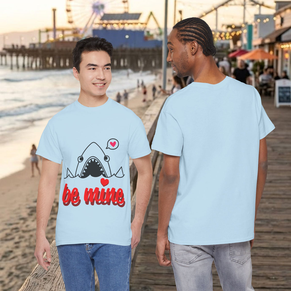 Light blue T-shirt showing front graphic and back view, crew neck