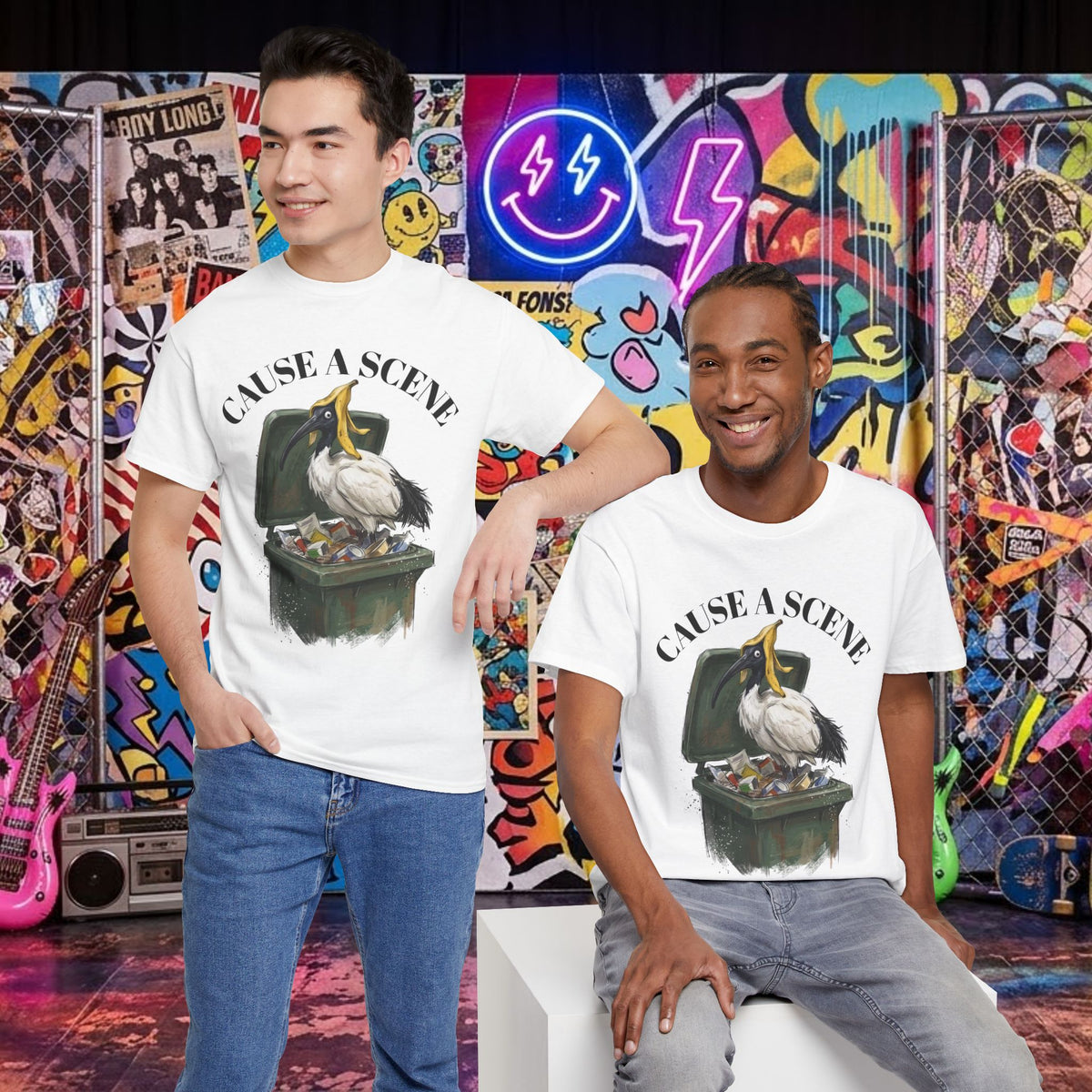 White T-shirt with ibis in a trash can graphic and "CAUSE A SCENE" text, worn