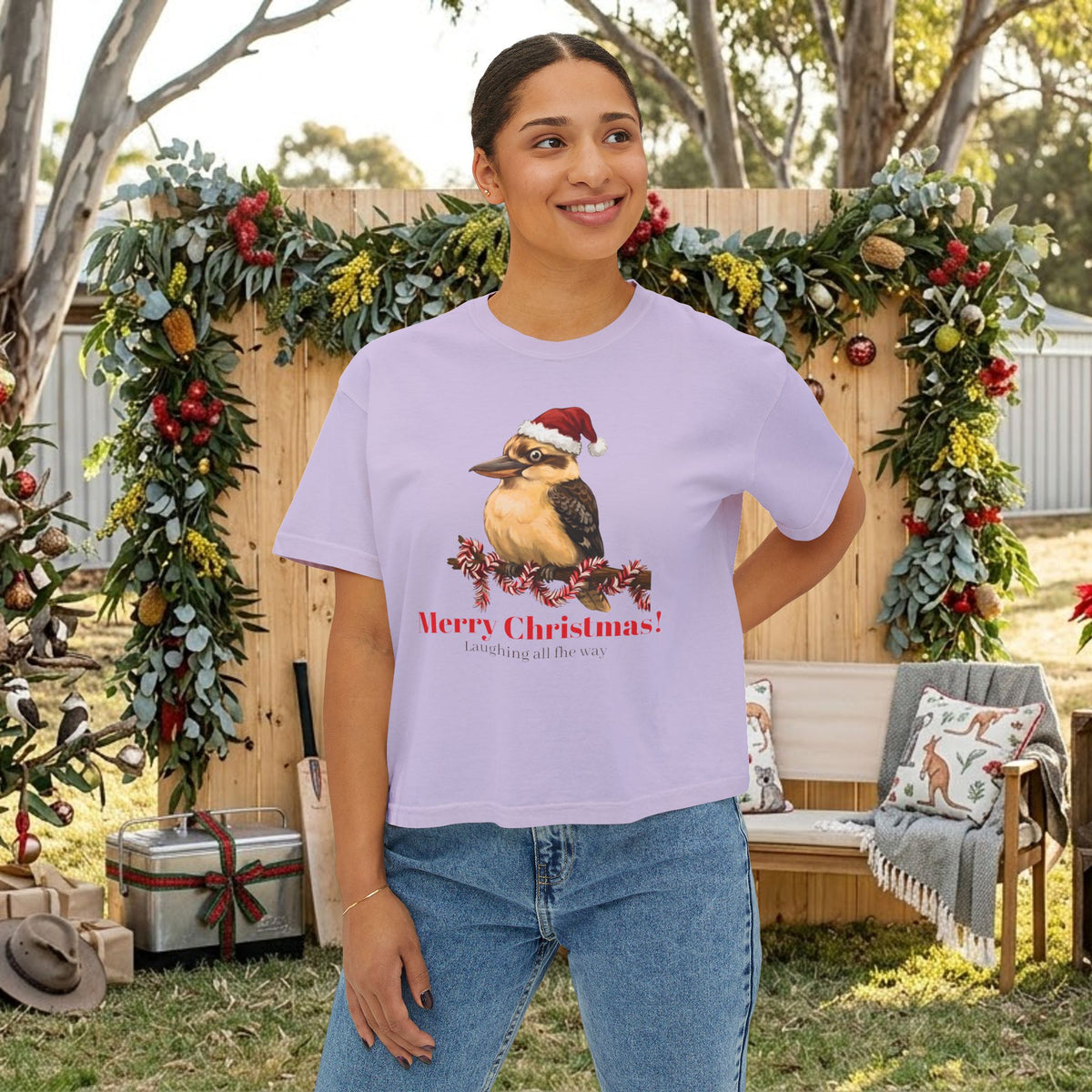 Lavender Christmas T-shirt with kookaburra wearing a Santa hat graphic on the front