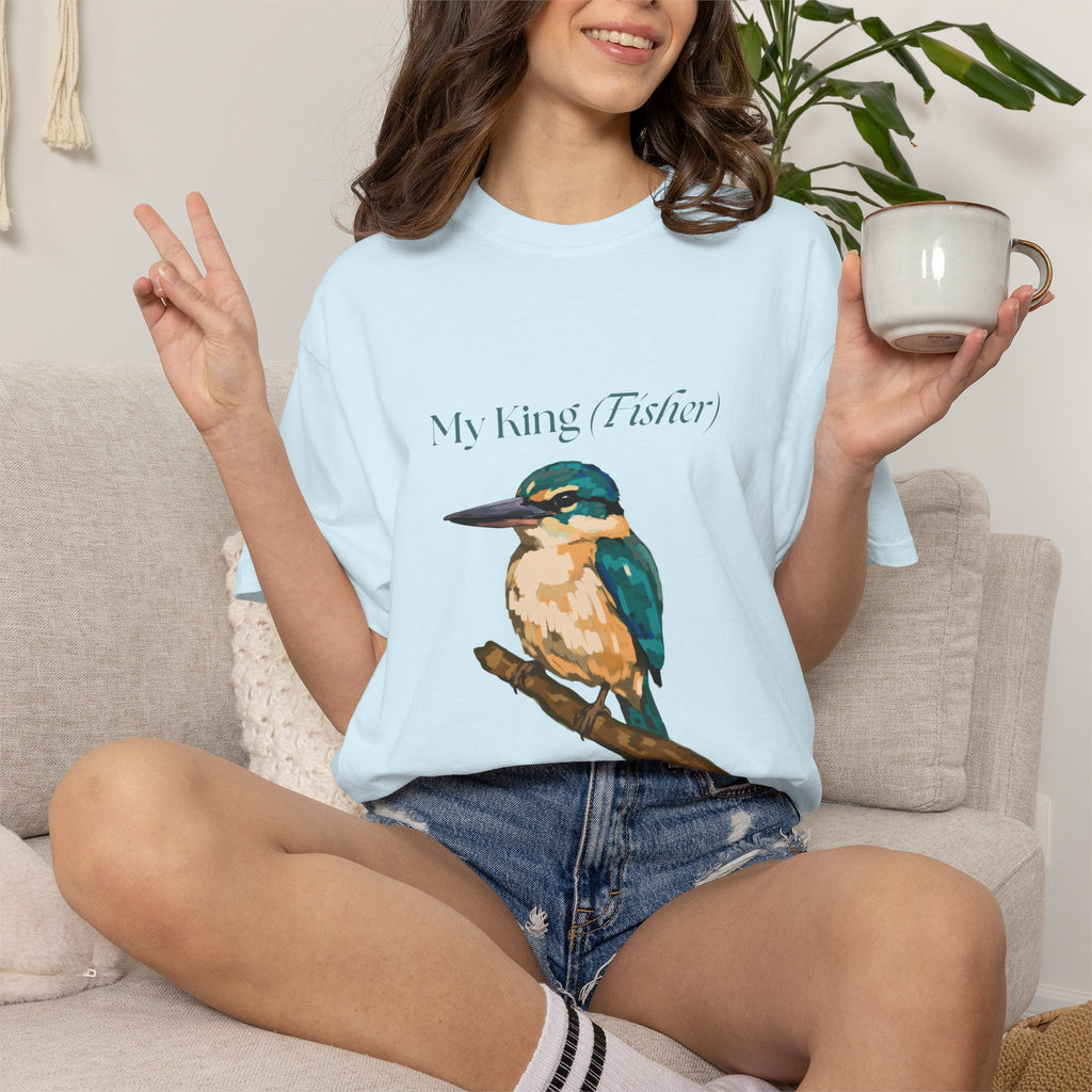 Light blue crewneck T-shirt with kingfisher bird graphic on the chest