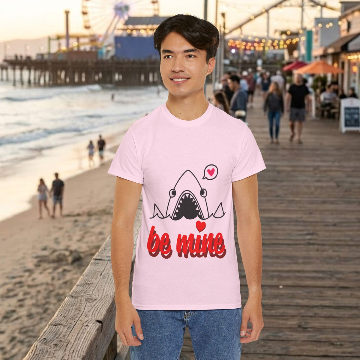 Light pink crewneck graphic T-shirt with cute shark and red “be mine” lettering