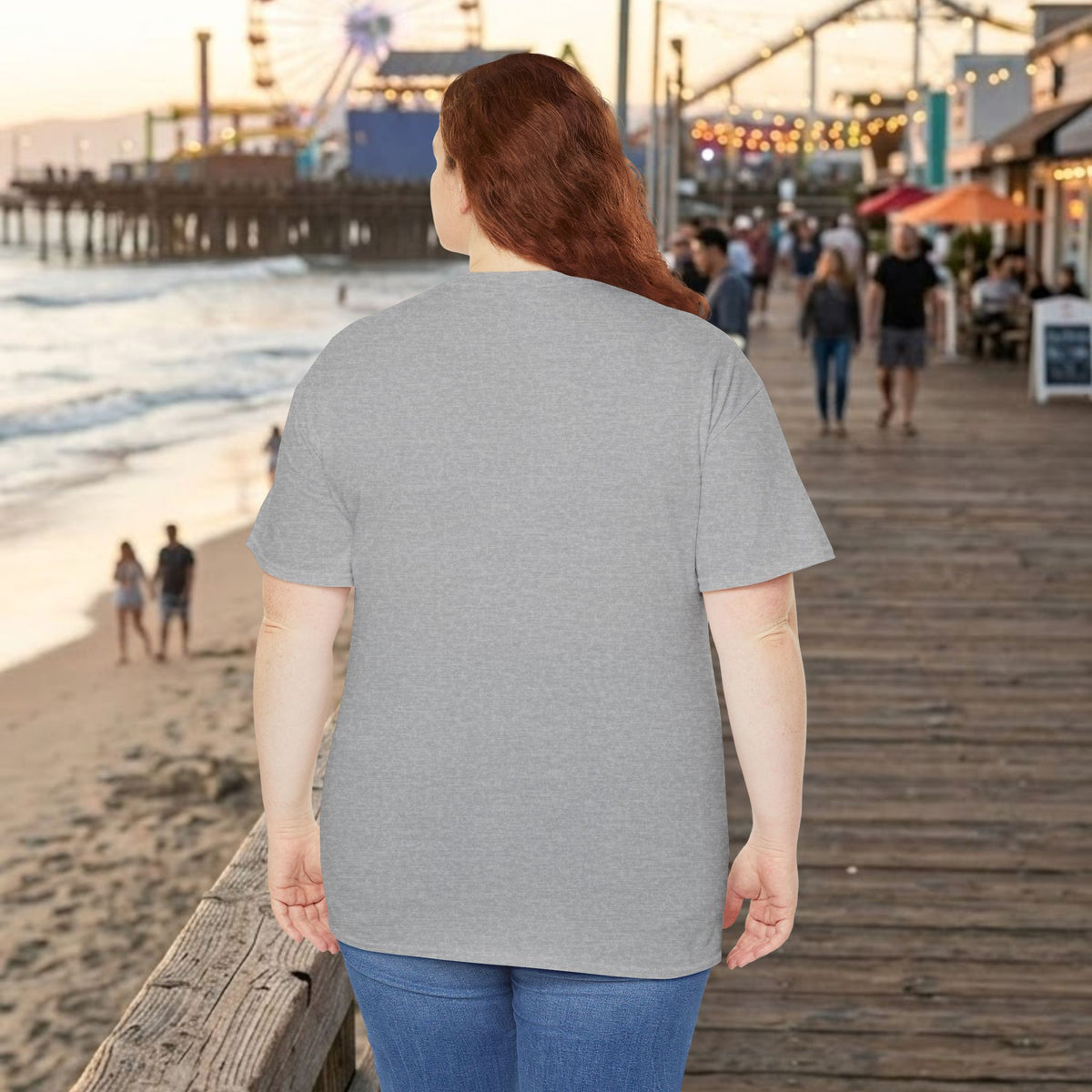 Heather gray shark T-shirt showing back view, crew neck and short sleeves
