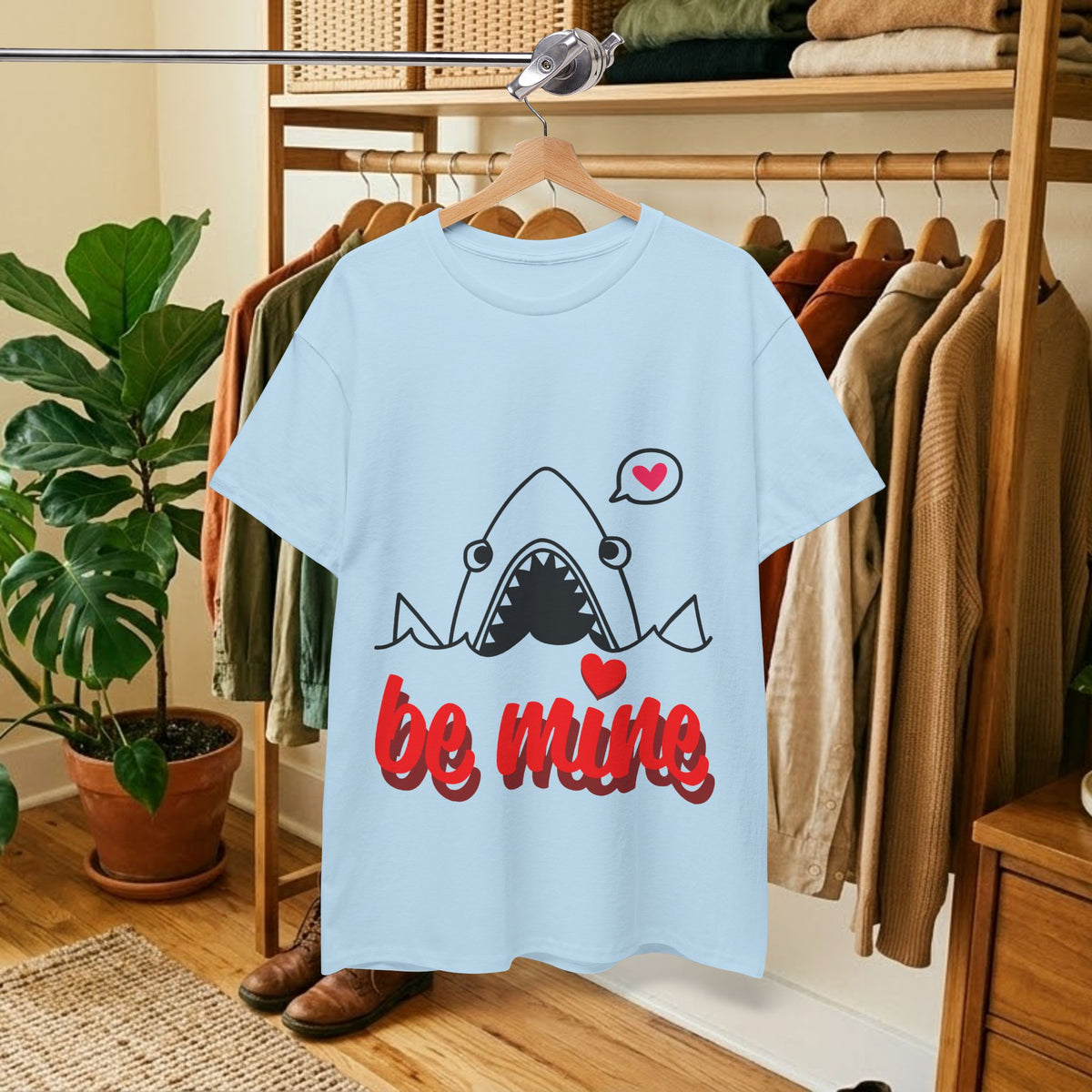 Light blue shark graphic T-shirt with red "be mine" lettering and hearts