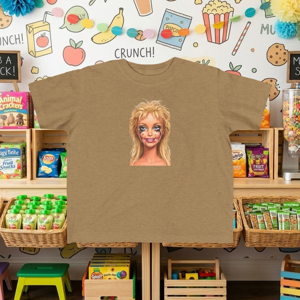 Toddler graphic T-shirt, brown with smudged doll face portrait print