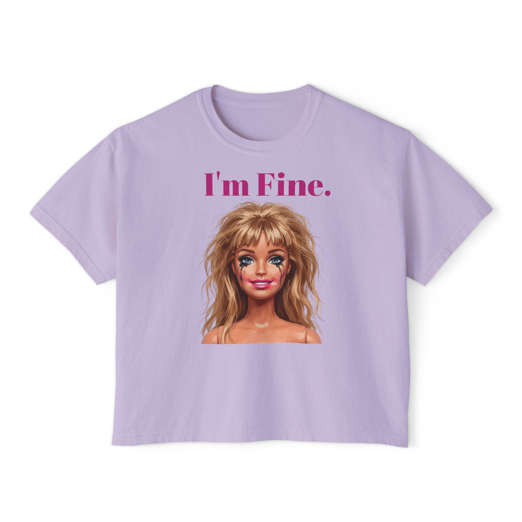 Boxy lavender graphic tee with “I’m Fine.” text and doll face portrait print