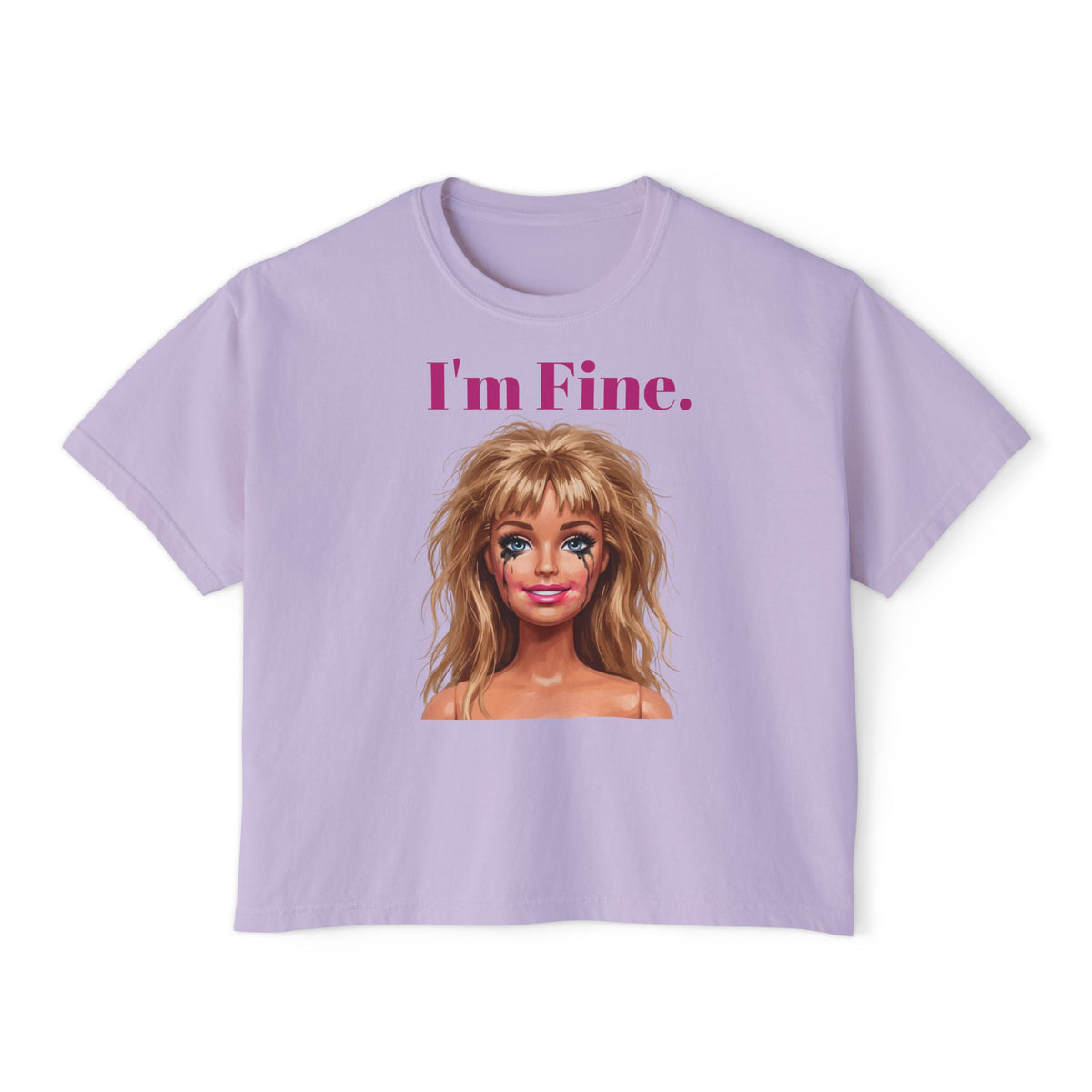 Boxy lavender graphic tee with “I’m Fine.” text and doll face portrait print