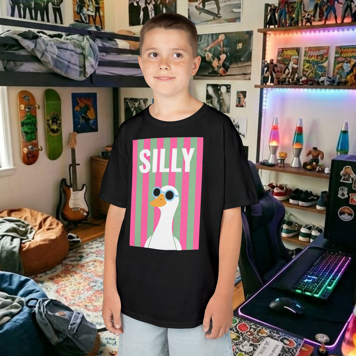 Black kids T-shirt with SILLY duck graphic on front
