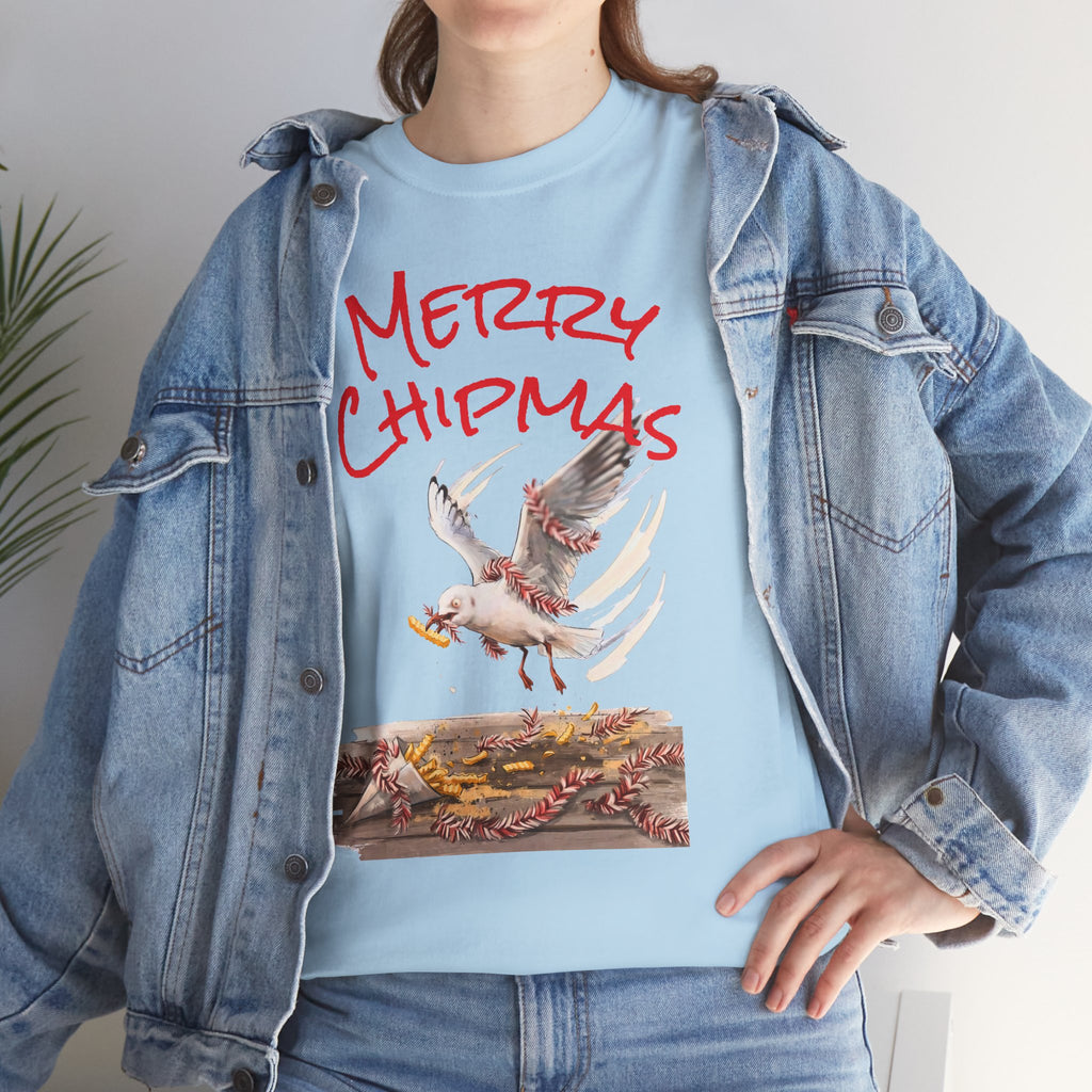 Light blue tee with red “Merry Chipmas” seagull illustration and matching graphic panel
