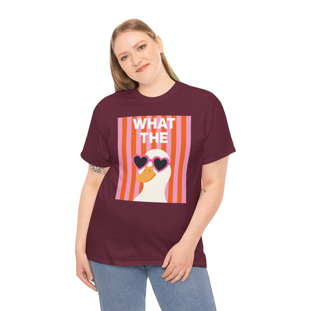 Maroon crewneck t-shirt with retro heart sunglasses graphic panel, unisex fit.