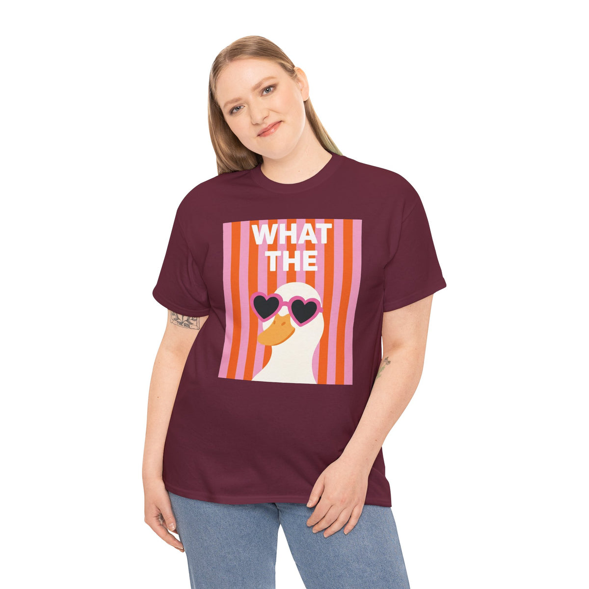 Maroon crewneck t-shirt with retro heart sunglasses graphic panel, unisex fit.