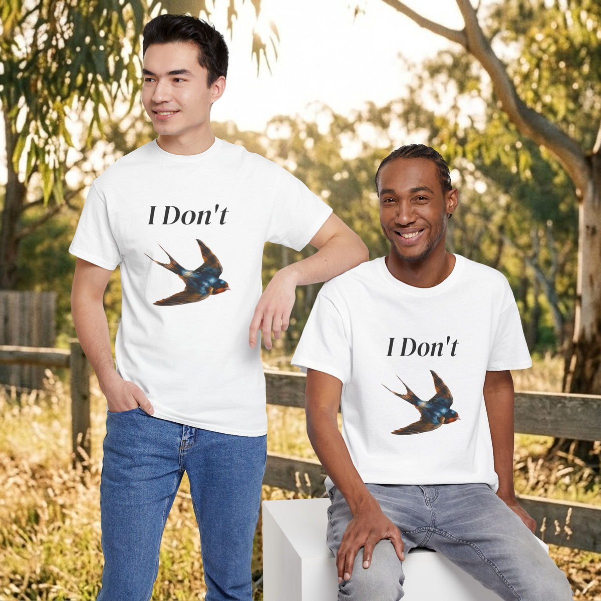 White T-shirt on model with 'I Don't' text and swallow bird graphic.
