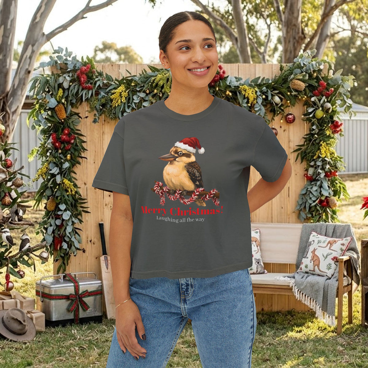 Dark gray Christmas t-shirt with kookaburra Santa-hat graphic and 'Merry Christmas' text