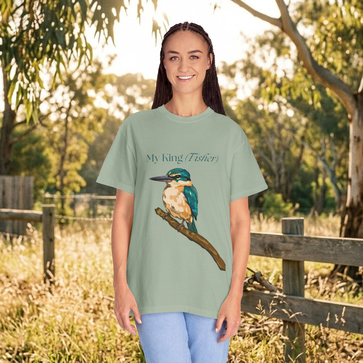 Green kingfisher graphic T-shirt with crew neckline, front view on model