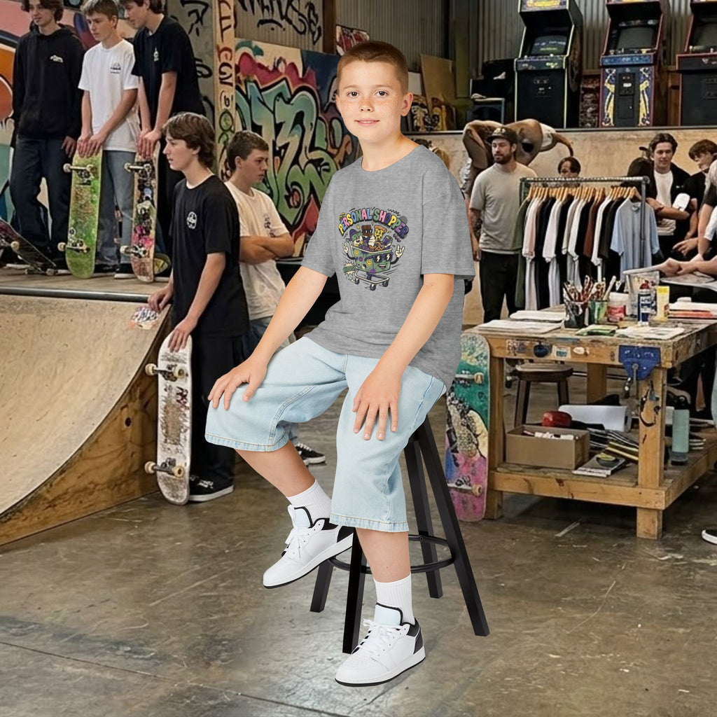 Kids heather gray graphic tee with “Personal Shopper” cartoon print