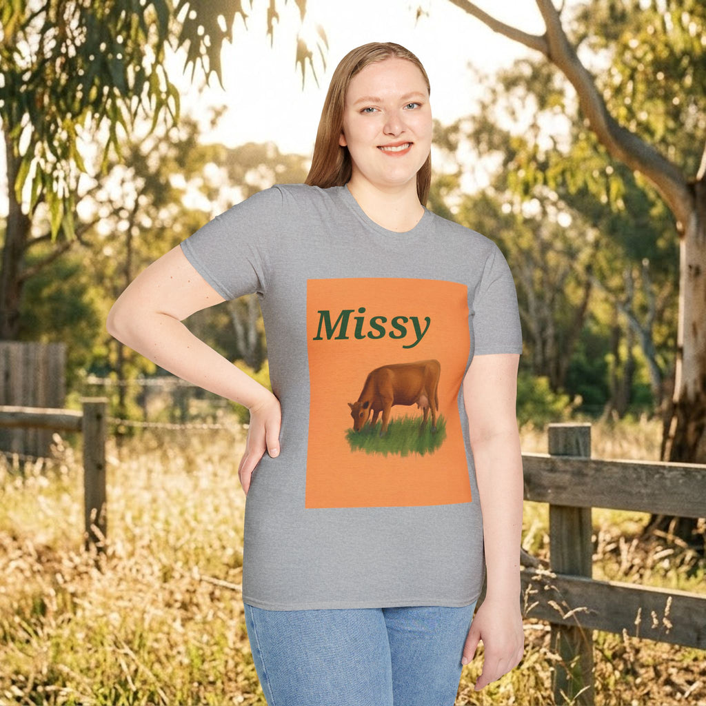 Heather grey short-sleeve T-shirt featuring orange cow graphic and “Missy” text