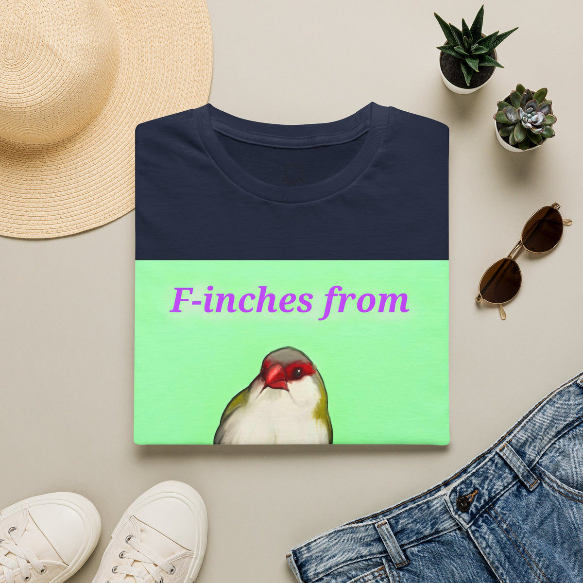 Navy t-shirt with green graphic panel and cute bird illustration print