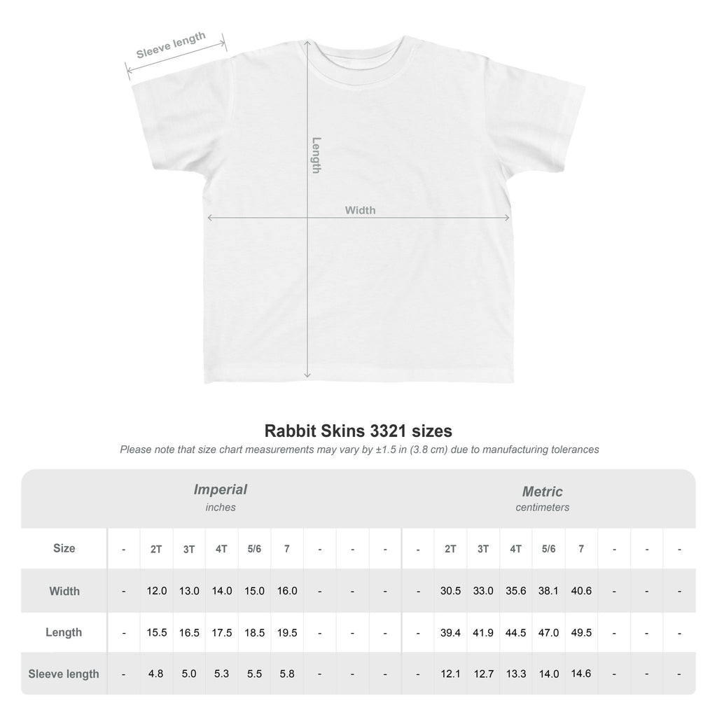 White toddler tee size chart showing size ranges, width, length, and sleeve length