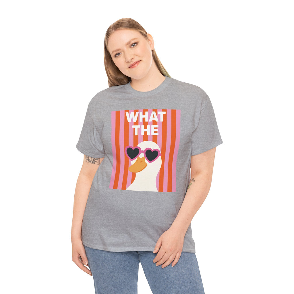 Heather gray unisex T-shirt with duck and heart sunglasses front print