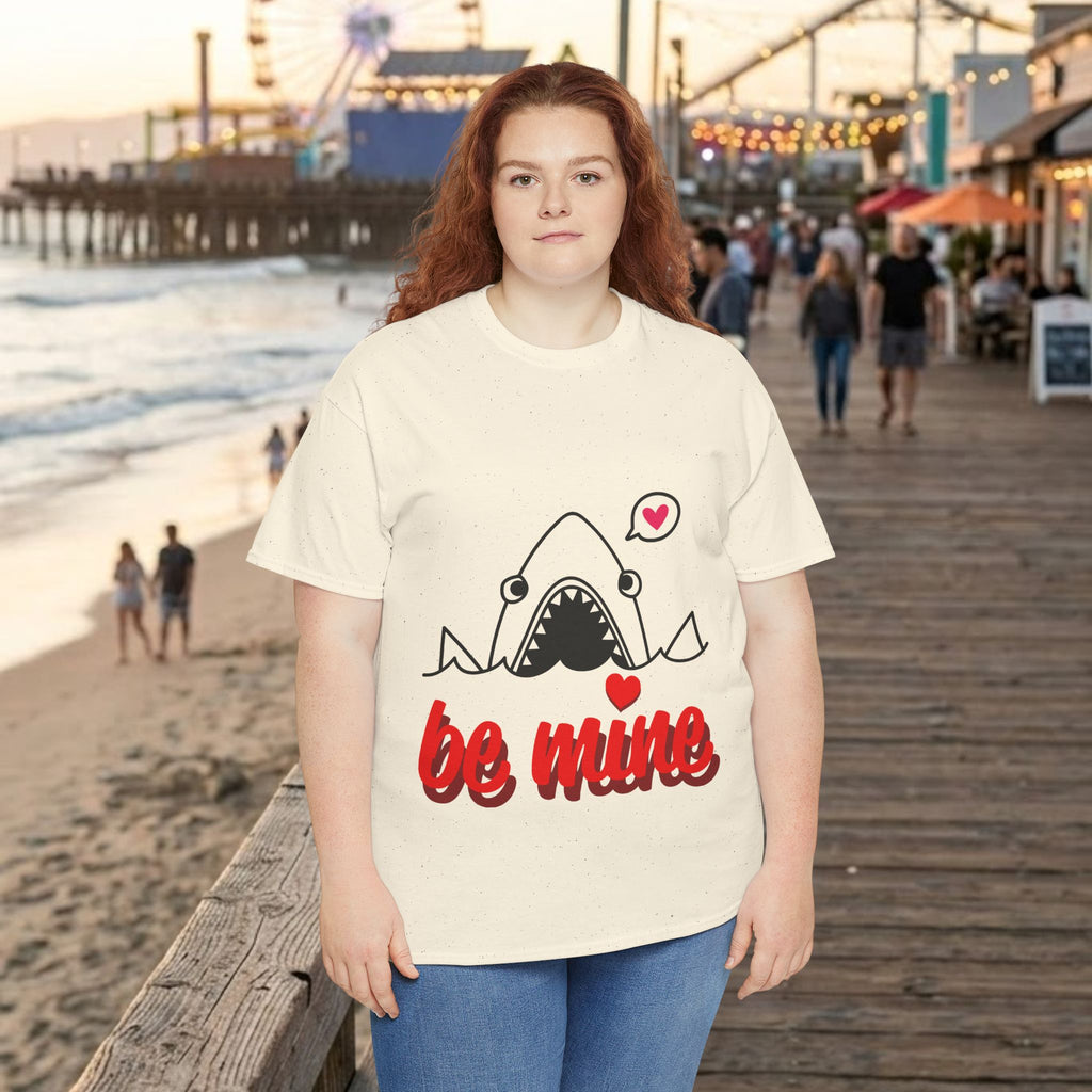 Cream T-shirt with shark graphic and red 'be mine' lettering