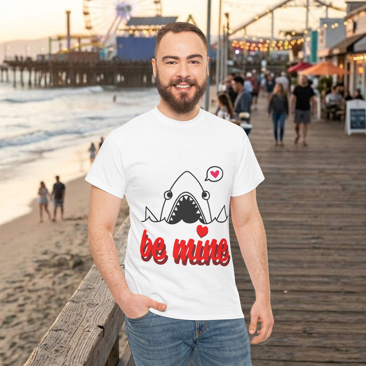 White crew-neck T-shirt with shark graphic and red "be mine" text