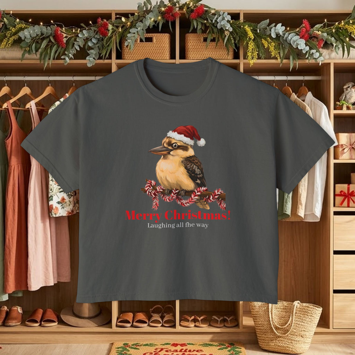 Dark gray t-shirt with Santa-hat bird and “Merry Christmas!” front graphic