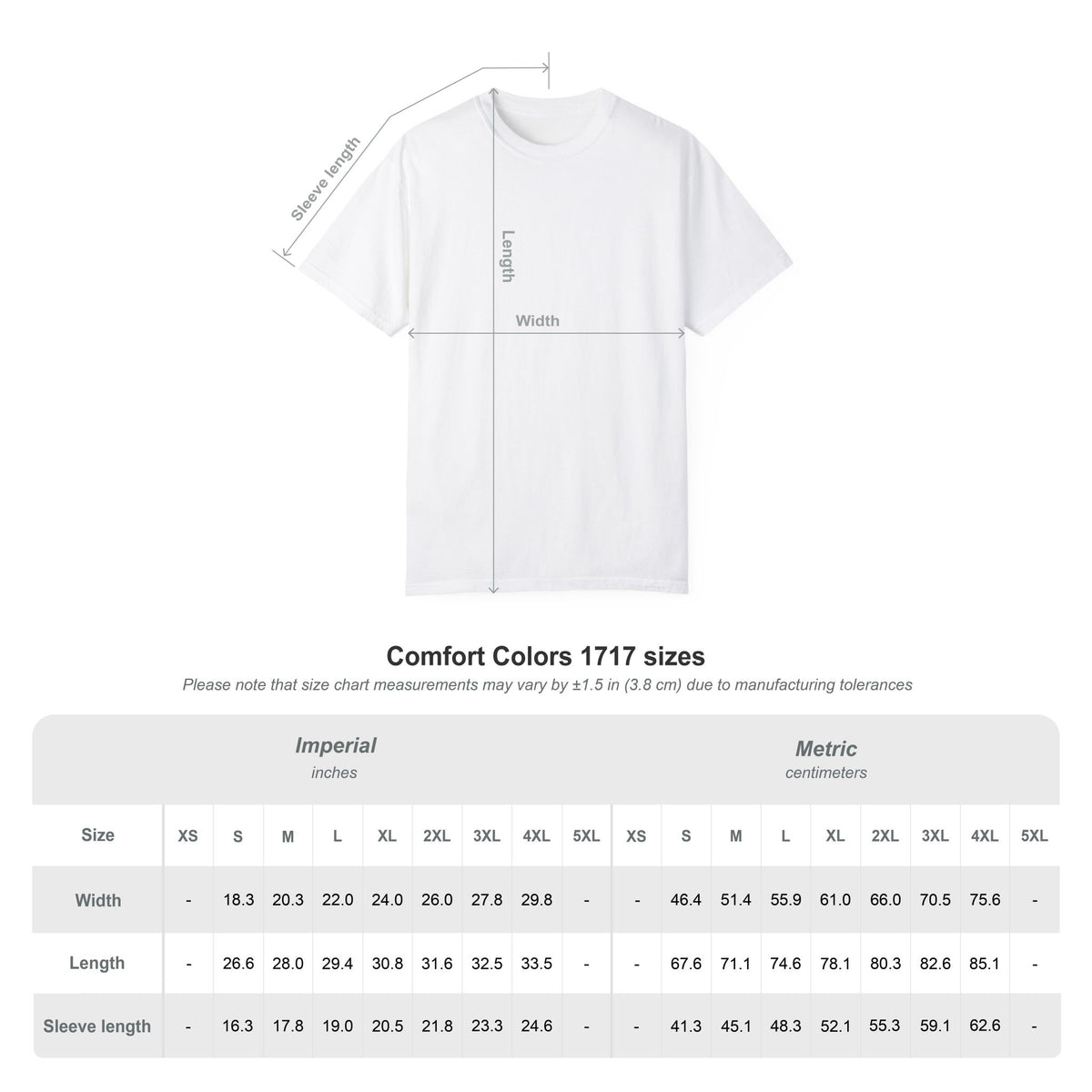 Comfort Colors 1717 T-shirt size chart graphic with width and length table