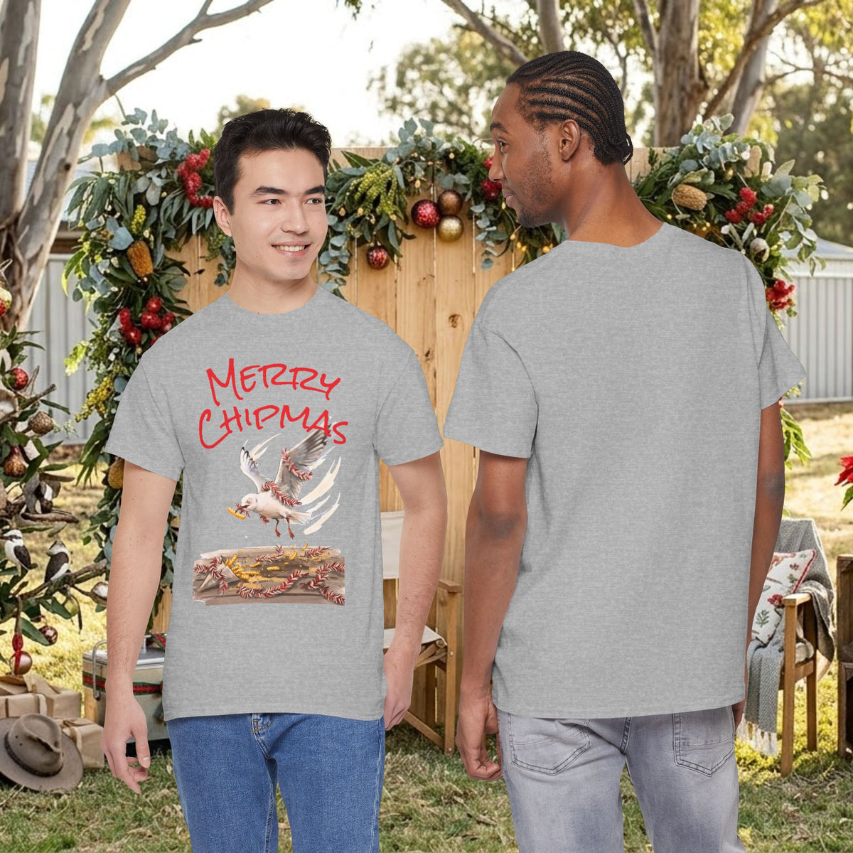 Charcoal grey tee with red “Merry Chipmas” seagull graphic on the front